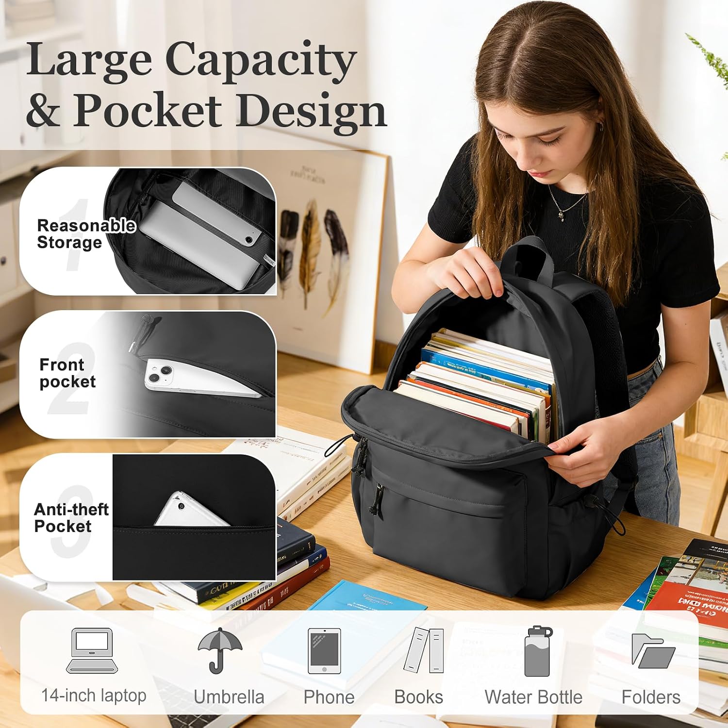 Black Middle School Backpack For Men Women Simple Backpack For College Students Aesthetic High School Bag Waterproof Bookbag For Teens Girls Boys - Image 3