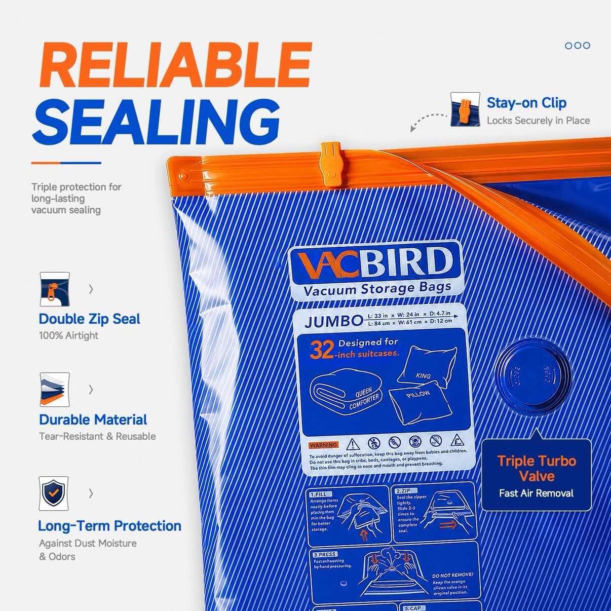 Vacbird Vacuum Storage Bags Jumbo with Pump for Clothes & Bedding,18 Pcak - Image 5