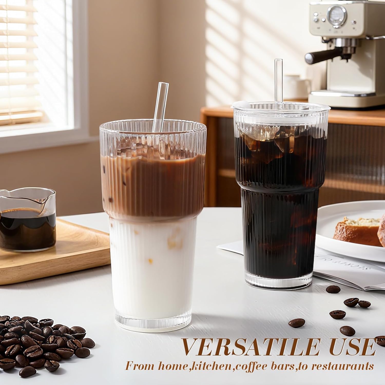20oz Ribbed Iced Coffee Cups with Lids,4 Pcs Vintage Glass Cups Tumblers - Image 7