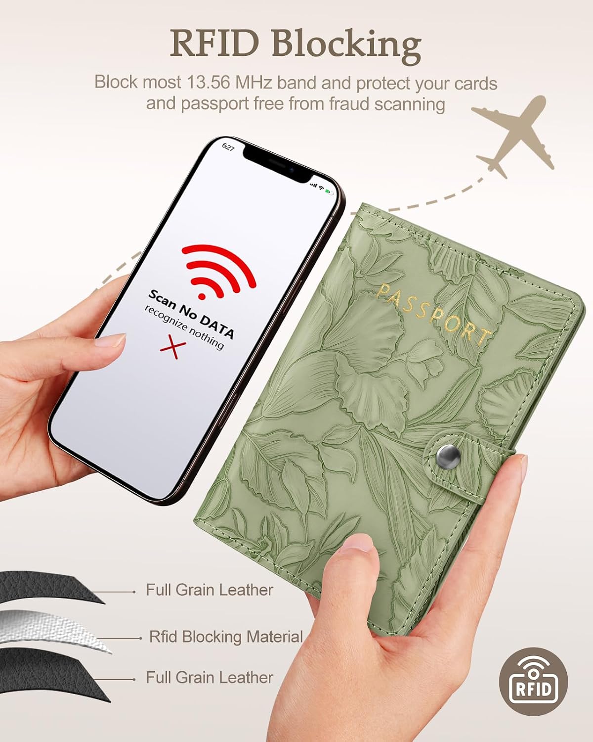 Slohif Elegant RFID Passport Holder for Travel with AirTag Sage Green - Image 5