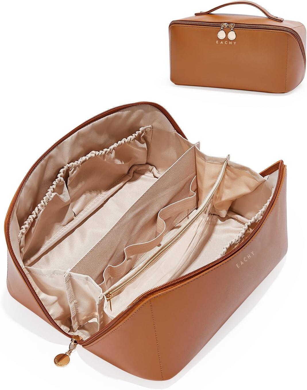 EACHY Travel Makeup Bag for Women, PU Leather Cosmetic Bag, Brown, Large