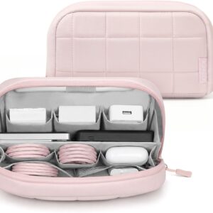 TOPEAST Quilted Cable Organizer Bag, Soft Tech Pouch & Travel Electronics Case with Elastic Pen Loop, Tangle-Free Cord Organizer for Women, Office Desk, AirPods, Chargers & Accessories, Pink
