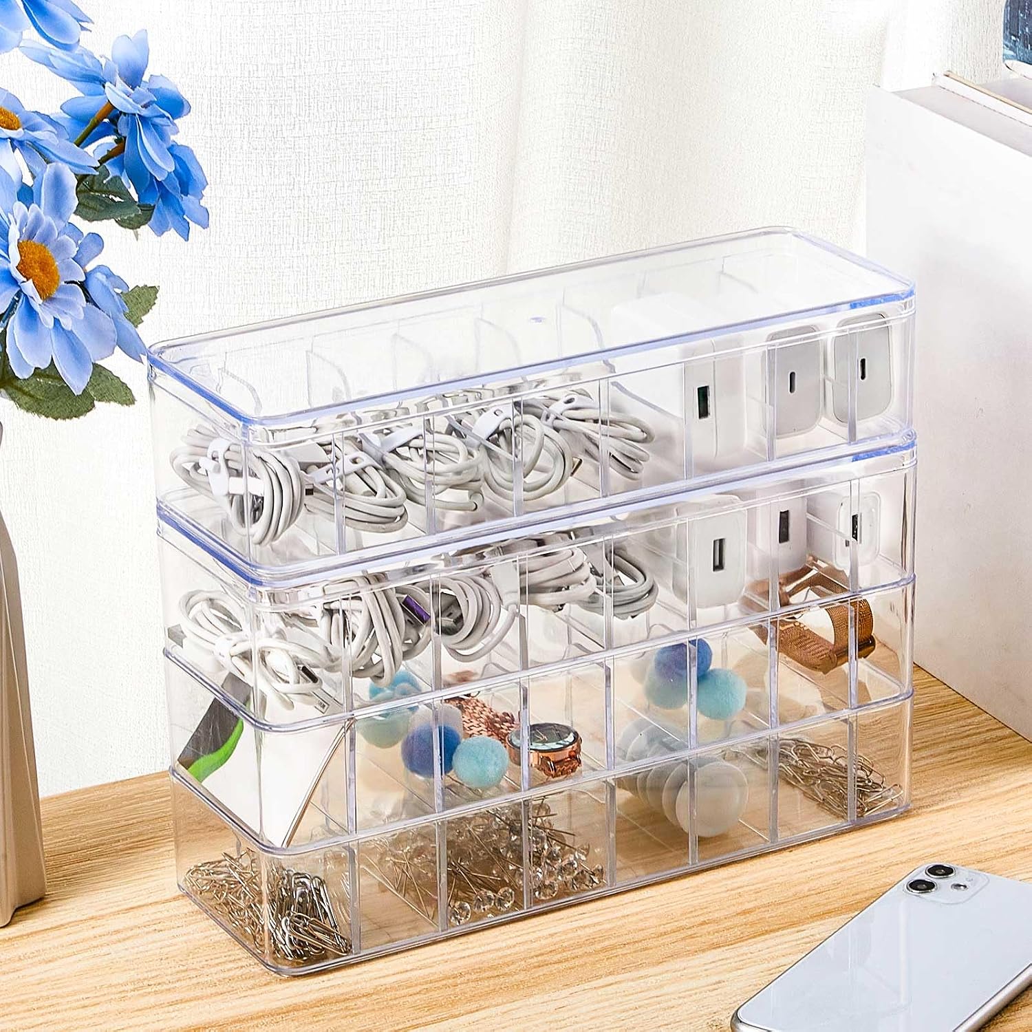 Tatuo Cord Organizer Box with Lid, Clear, 4 Pack - Image 5