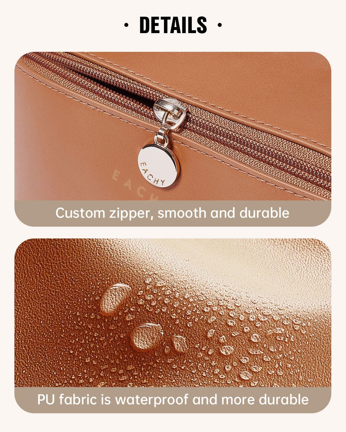 EACHY Travel Makeup Bag for Women, PU Leather Cosmetic Bag, Brown, Large - Image 7