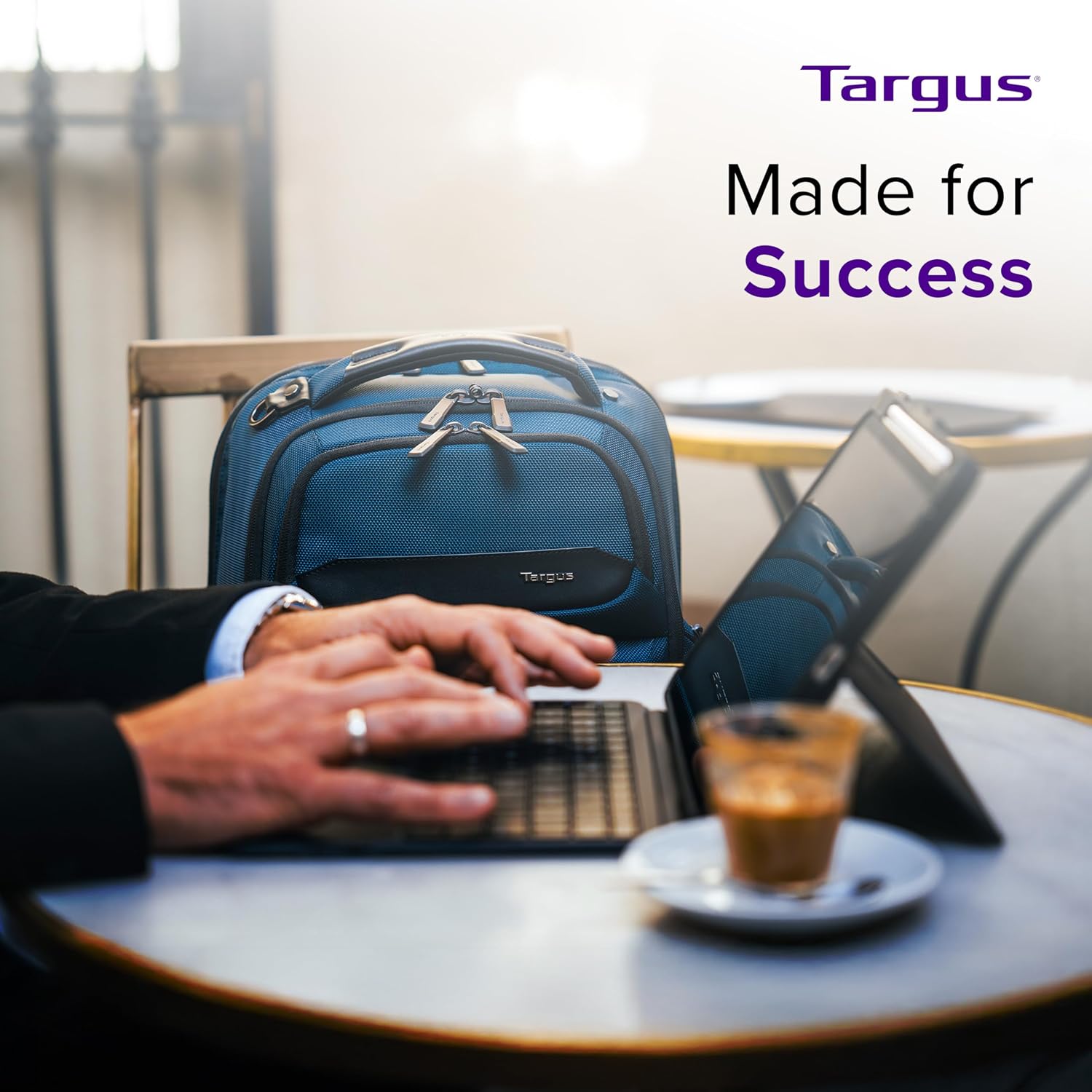 Targus HeritageLuxe Backpack 15-16” – Blue Laptop Bag with SafeSling Protection, RFID Pocket, USB-C Charging, Tracker Slot, Eco Fabric, Leather Accents - TBB65602GL - Image 9