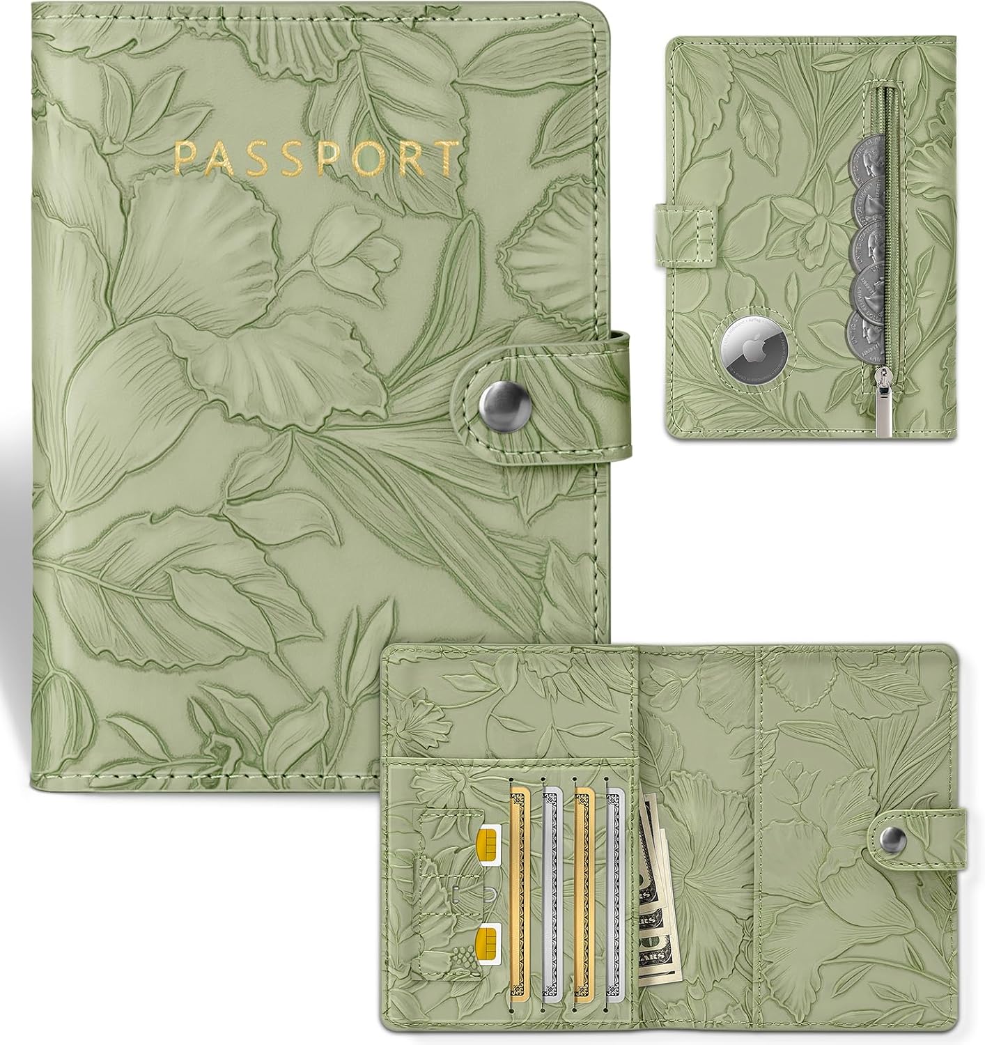 Slohif Elegant RFID Passport Holder for Travel with AirTag Sage Green