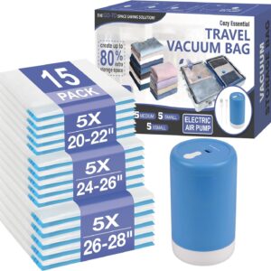 Travel Vacuum Storage Bags with Rechargeable Cordless USB Pump, 15 Combo
