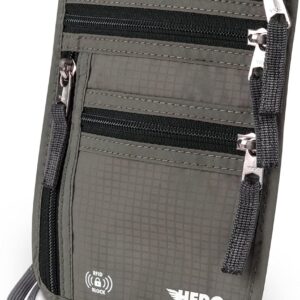 HERO Neck Wallet - RFID Blocking Passport Holder, Easy to Conceal Travel Pouch (Army Grey)