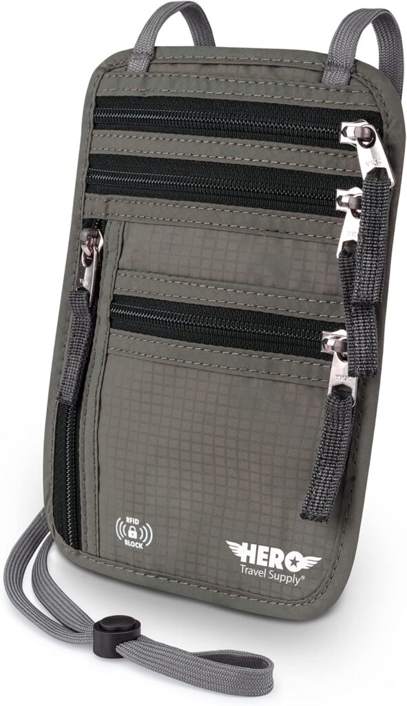 HERO Neck Wallet - RFID Blocking Passport Holder, Easy to Conceal Travel Pouch (Army Grey)