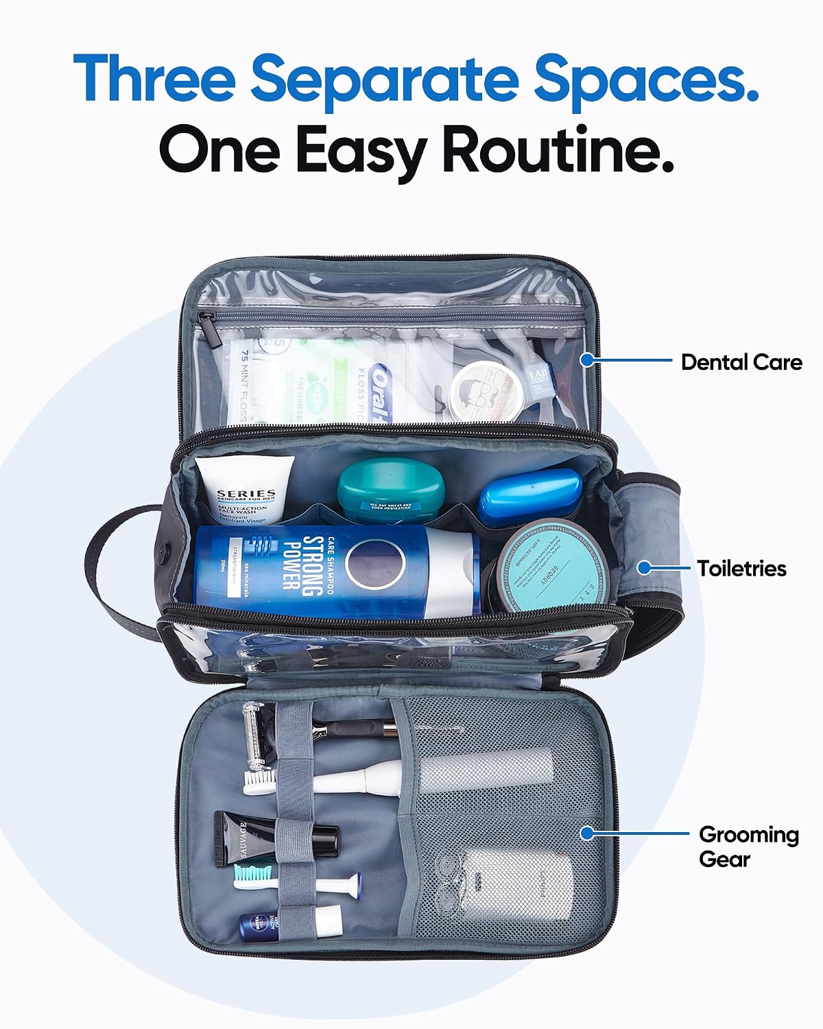 ZEEMO Travel Toiletry Bag for Men, Full Open Dopp Kit with Dual Compartment - Image 3