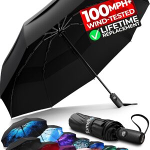 TUMELLA Strongest Windproof Travel Umbrella (Compact, 100MPH Wind-Tested), Light, Portable, One-Handed Use, Automatic Folding Rain Umbrella, Durable, Premium Grip, Fits Car & Backpack