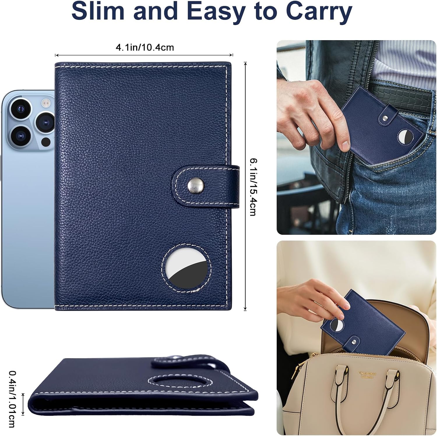 Genuine Leather Slim Passport Holder with RFID &Tracker Slot (Blue) - Image 3