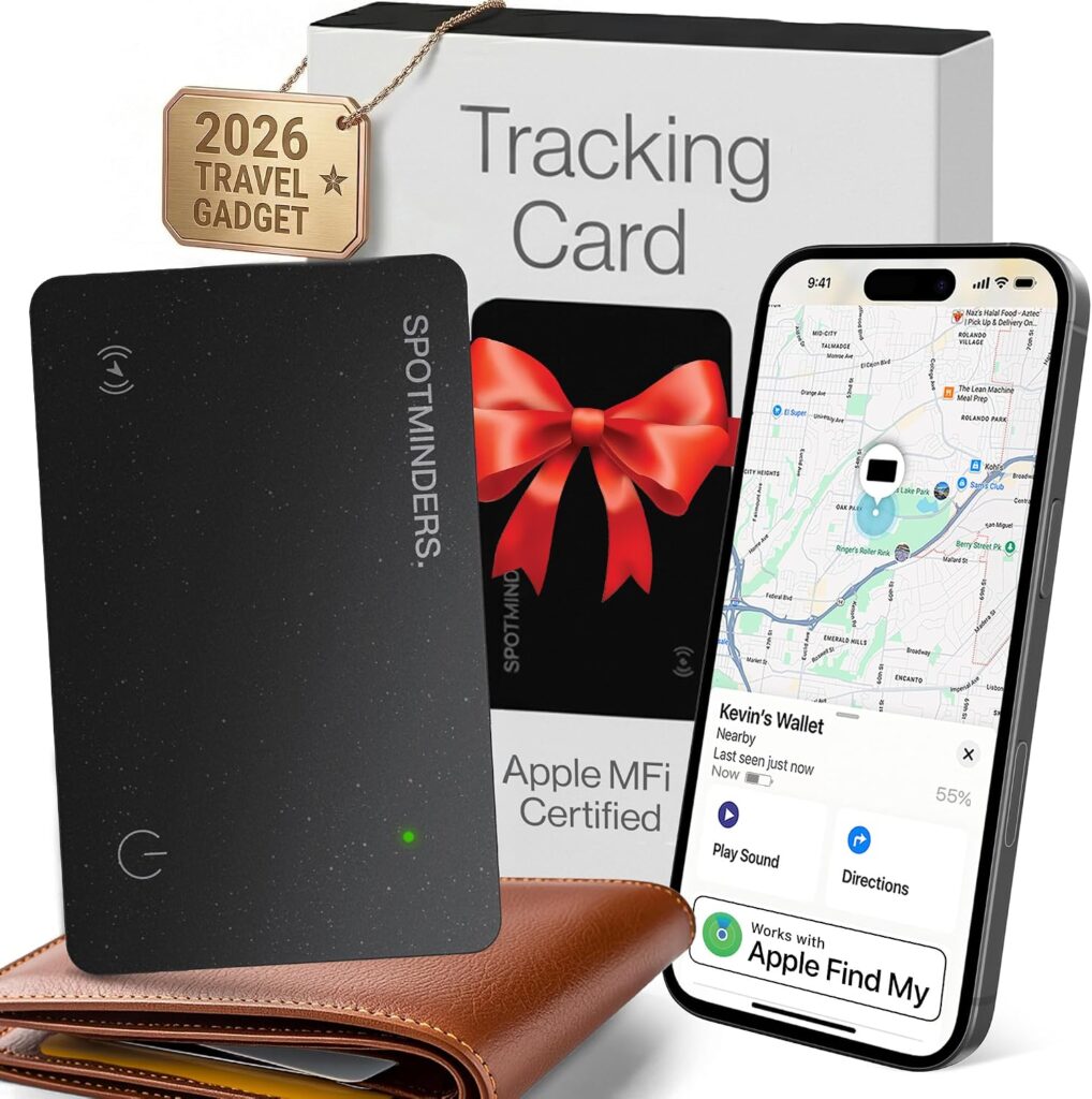 SPOTMINDERS Apple MFi Certified Wallet Tracker Card for Travel - Works with Apple Find My, IP68 Waterproof Rechargeable Tracking Card for Wallet Luggage Passport Purse - Ultra Slim 0.07in Item Finder