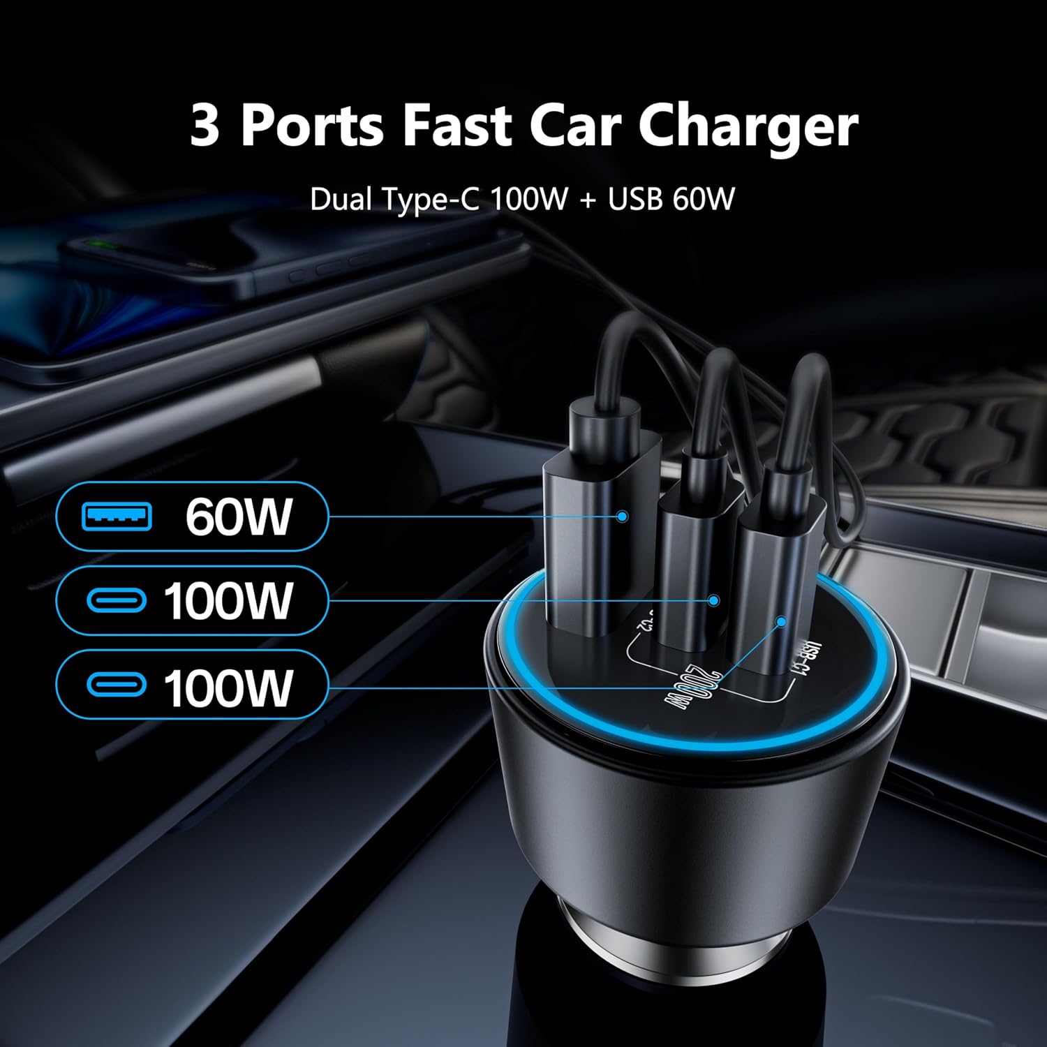 USB C Car Charger Fast Charging 200W, Dual PD 100W Type C Car Charger, - Image 3