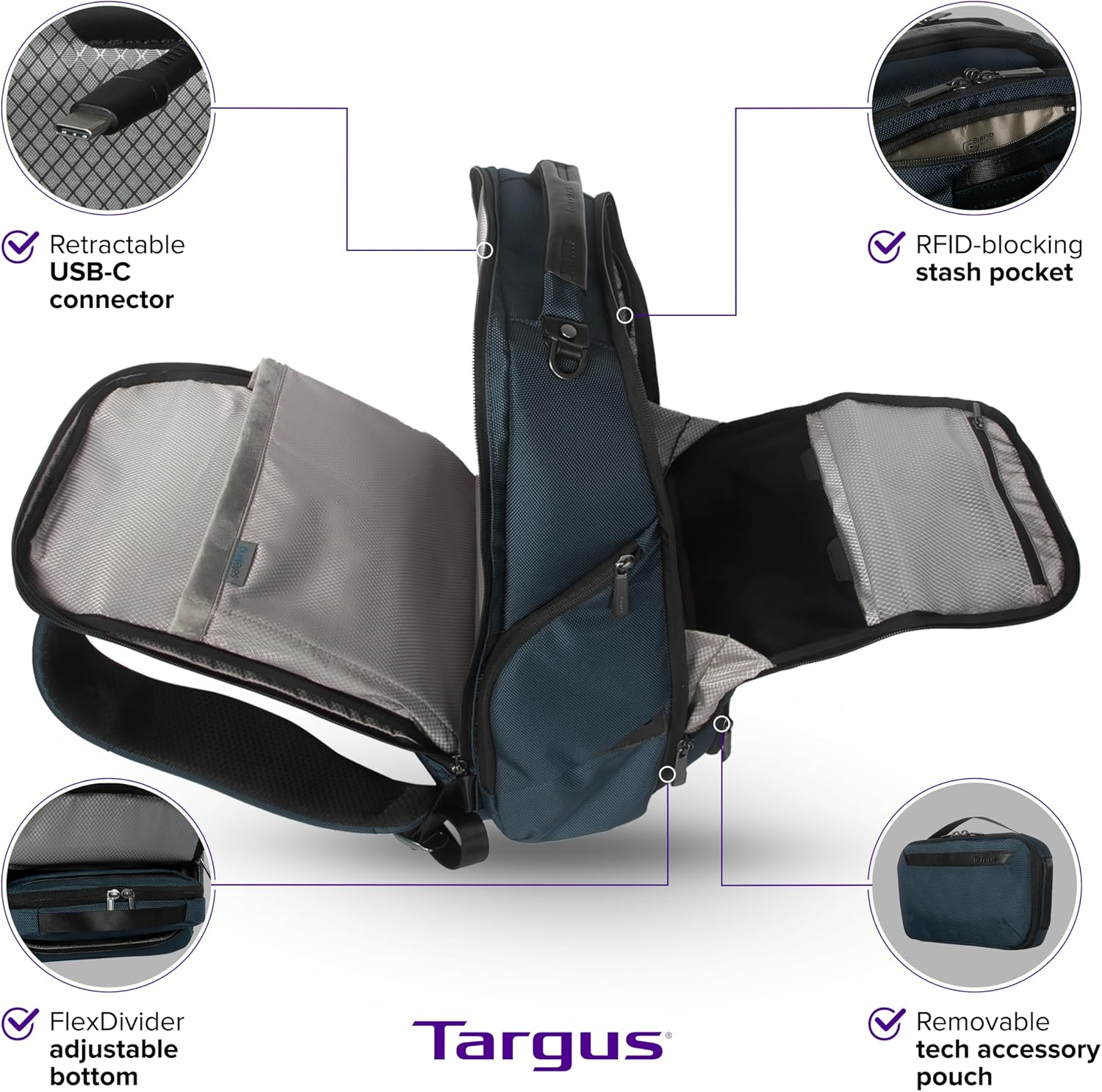 Targus HeritageLuxe Backpack 15-16” – Blue Laptop Bag with SafeSling Protection, RFID Pocket, USB-C Charging, Tracker Slot, Eco Fabric, Leather Accents - TBB65602GL - Image 5
