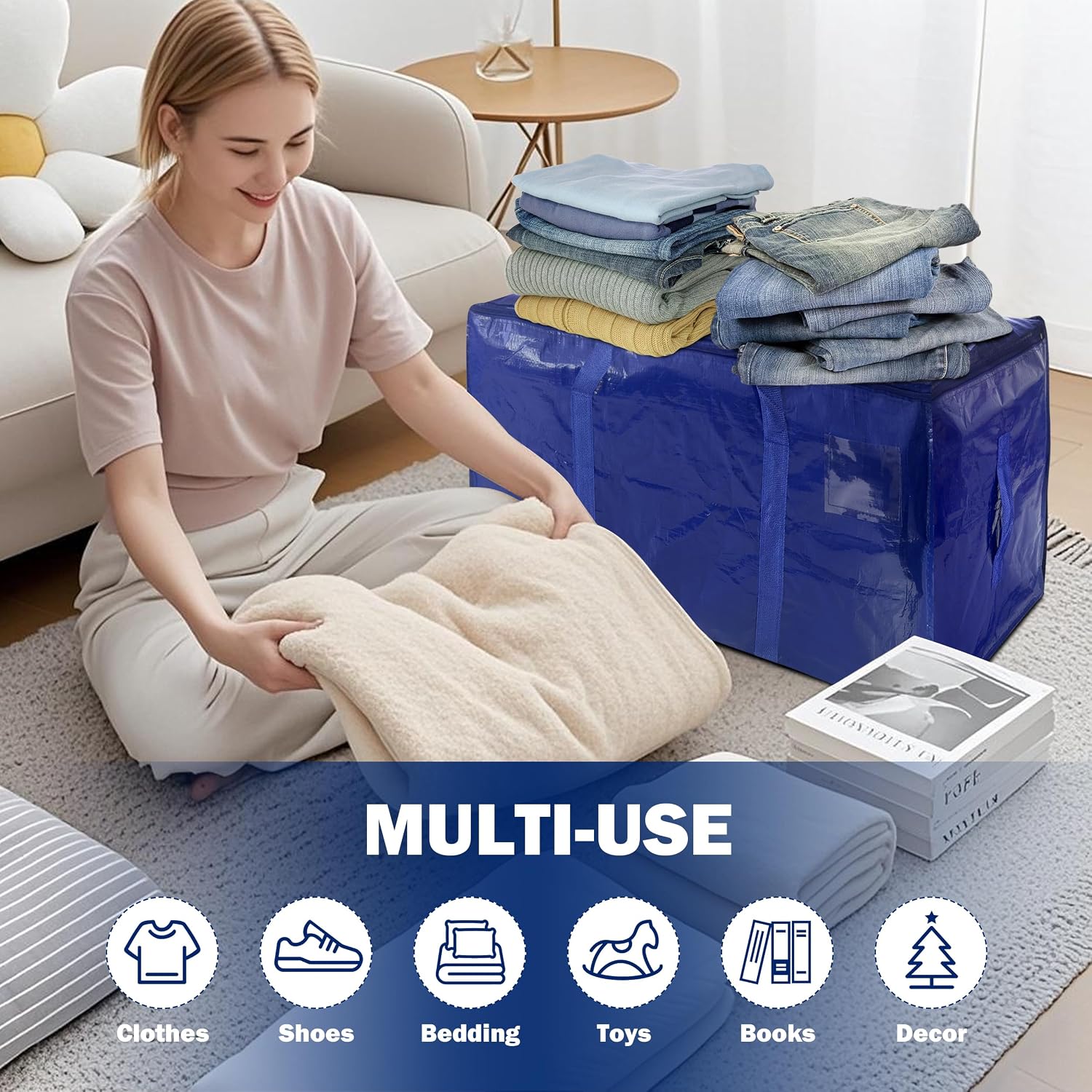 8 Pack Extra Heavy Duty Large Moving Bags with Strong Zipper & Carrying Handles, Sturdy Clothes Storage Bags Totes Bins, Packing Bag Move Boxes College Moving Supplies, Dark Blue - 24 gal - Image 5