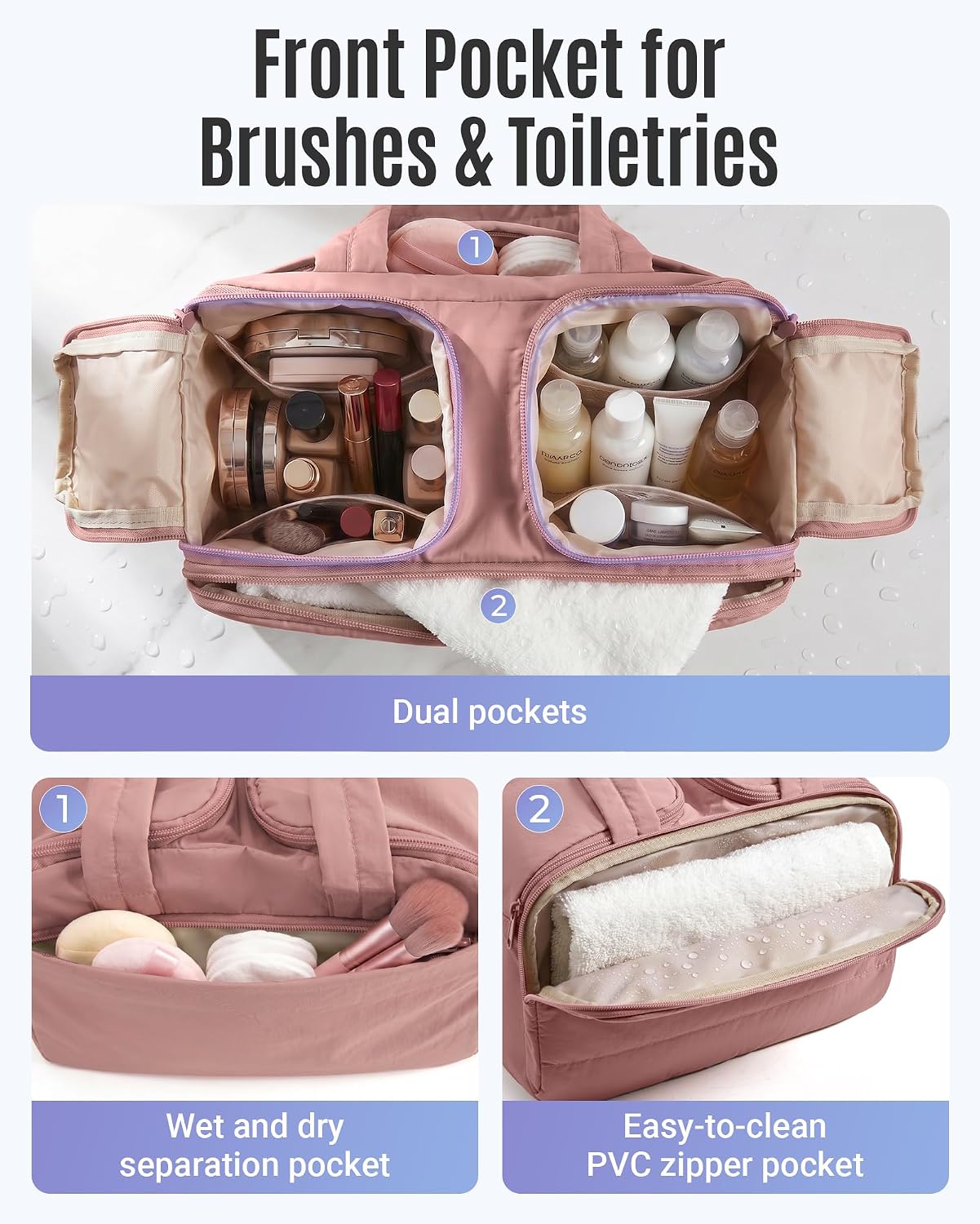 LIGHT FLIGHT Travel Toiletry Bag, Quilted Travel Makeup Cosmetic Bag Organizer, Toiletry Bags for Traveling Women, Make up Bag with Handle, Brown - Image 2
