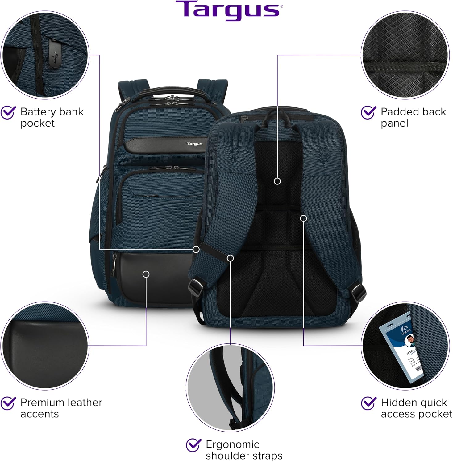 Targus HeritageLuxe Backpack 15-16” – Blue Laptop Bag with SafeSling Protection, RFID Pocket, USB-C Charging, Tracker Slot, Eco Fabric, Leather Accents - TBB65602GL - Image 6