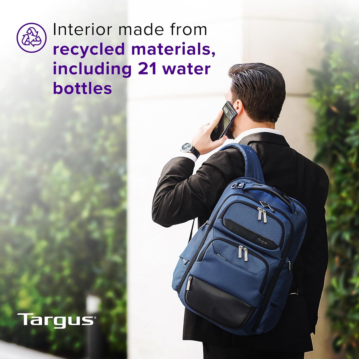 Targus HeritageLuxe Backpack 15-16” – Blue Laptop Bag with SafeSling Protection, RFID Pocket, USB-C Charging, Tracker Slot, Eco Fabric, Leather Accents - TBB65602GL - Image 8