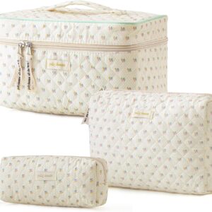 HBselect Quilted Makeup Bag, 3Pcs Cotton Large Travel Makeup Bags Organizer