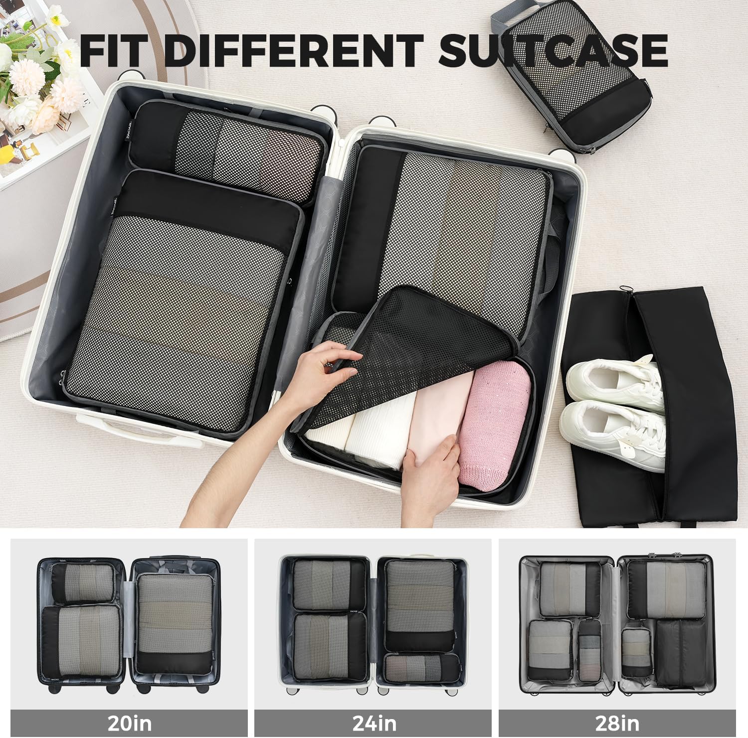 BAGAIL 4 Set/6 Set/8 Set Compression Packing Cubes Travel Accessories Expandable Packing Organizers (Half Mesh, 6-Black) - Image 7