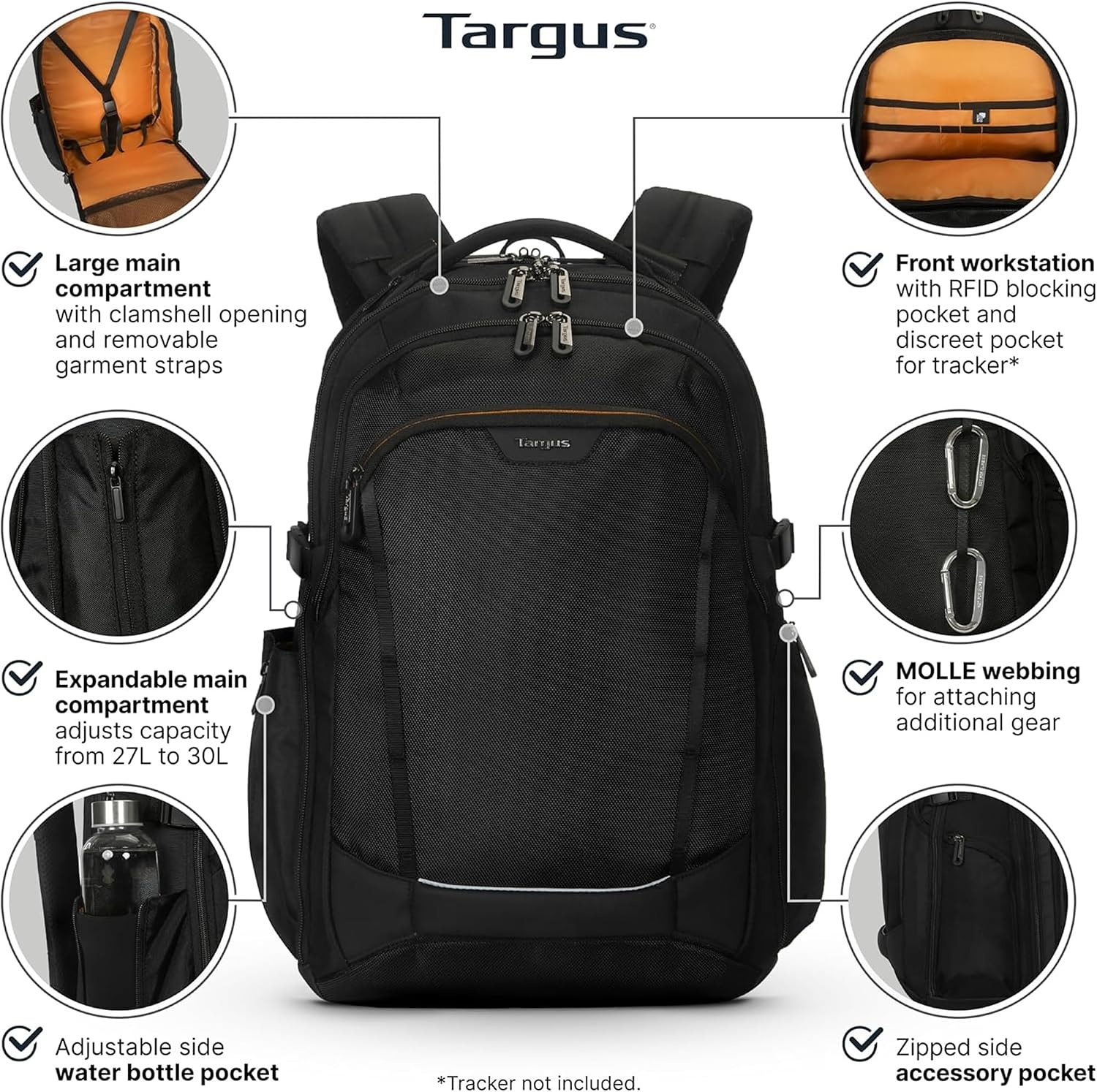 Targus 17” Voyager EXP Travel Backpack, Expandable 27L–30L Laptop Backpack, TSA Checkpoint-Friendly, Water-Resistant, RFID-Blocking Pocket, Fits Up to 17 Inch Laptop, Carry-On Size, Black - TBB664GL - Image 2