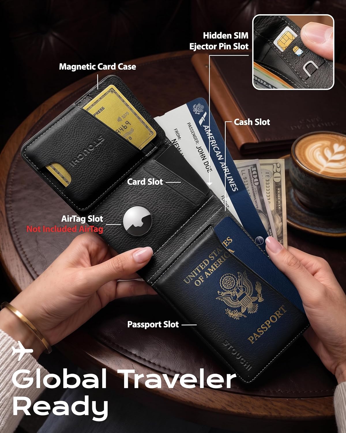Top-Grain Leather Passport Holder for Travel with AirTag Slot RFID Blocking - Image 4
