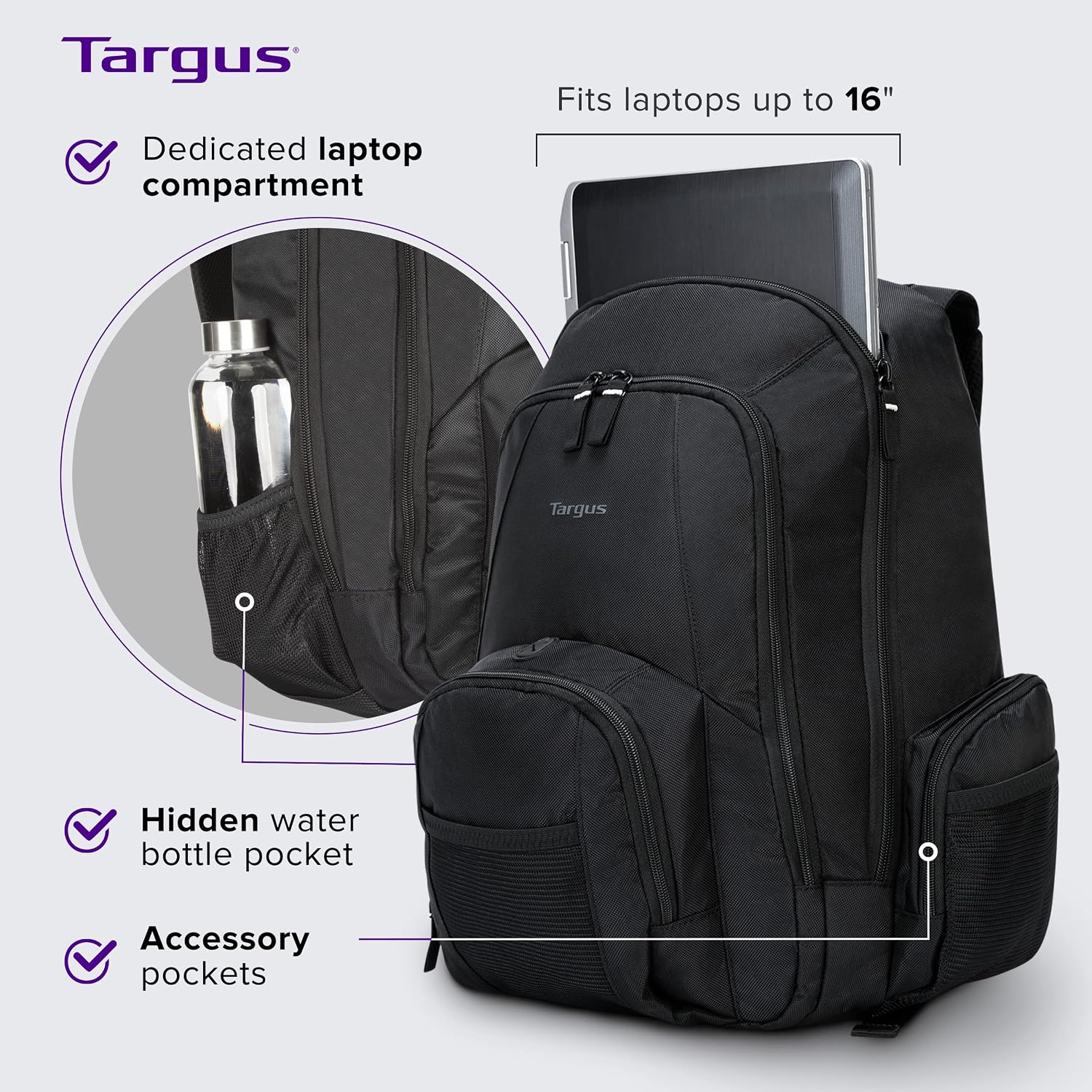 Targus 16 Inch Groove Laptop Backpack, Black - Fits Most Laptops up to 16", Water Resistant Travel Backpack for Business Commuters and Travel (CVR600) - Image 2