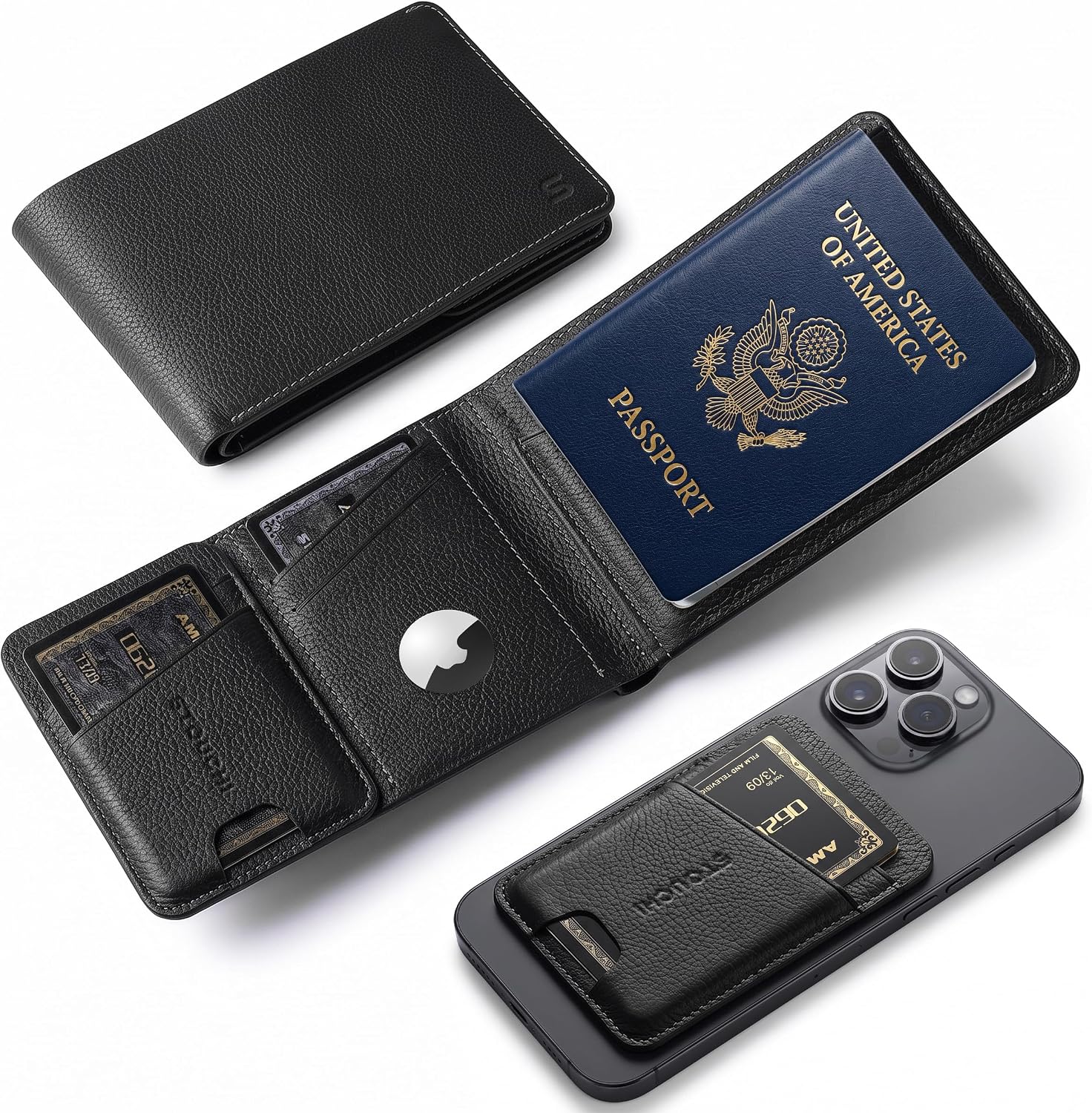 Top-Grain Leather Passport Holder for Travel with AirTag Slot RFID Blocking